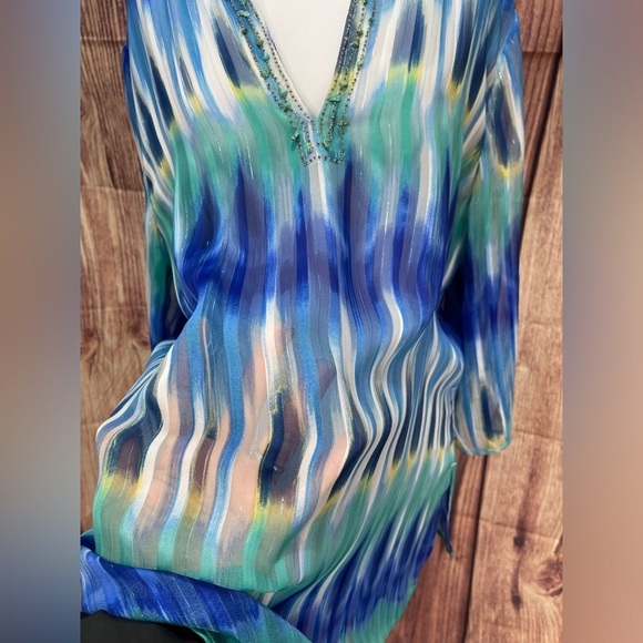 Chico’s metallic Ikat print embellished V-neck sheet blouse women’s size XL - Picture 11 of 17